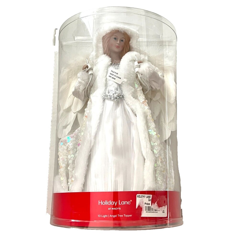 NIB Macy's Holiday Lane Lighted Angel Christmas Tree Topper White Porcelain Wing